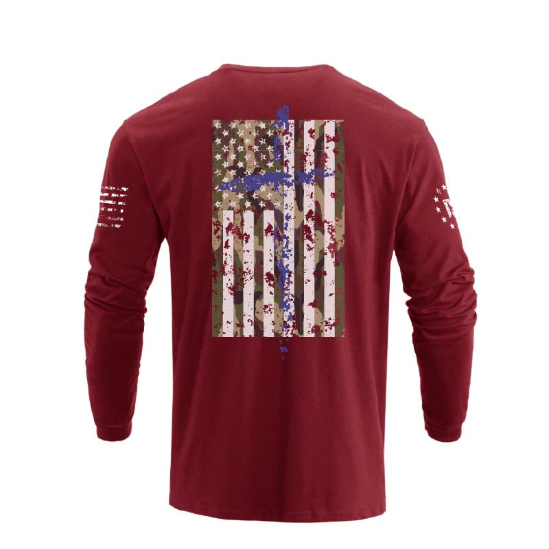 Men's 100% Cotton Patriotic American Flag Camouflage Cross Graphic Midweight Long Sleeve T-shirts