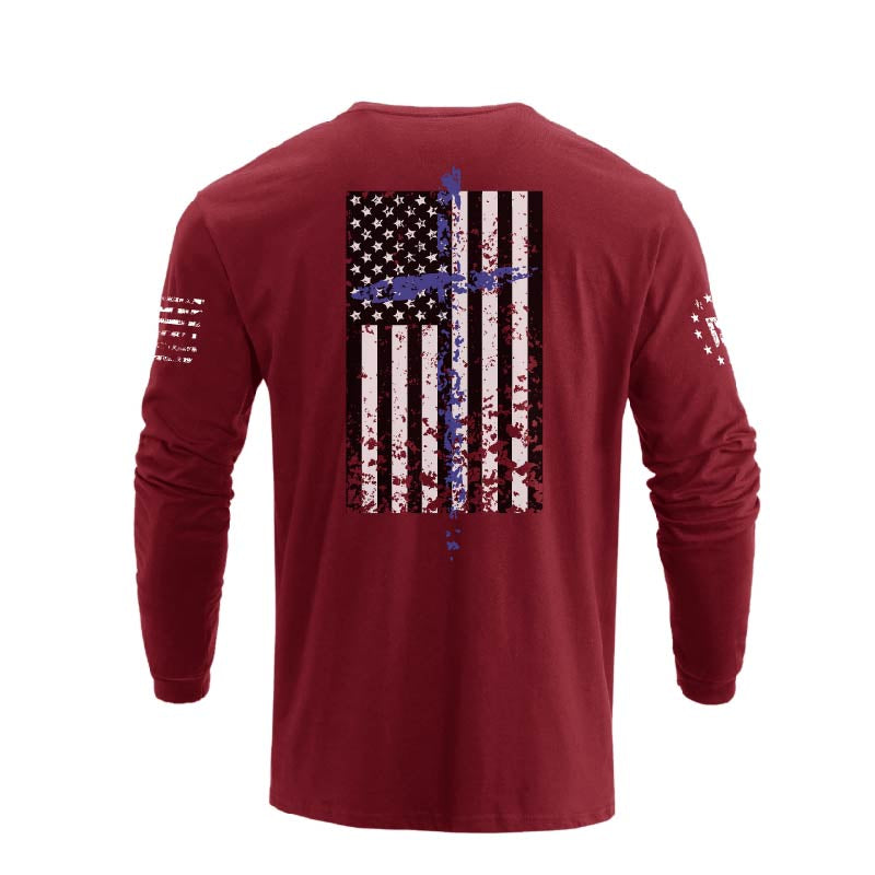 Men's 100% Cotton Patriotic American Flag Cross Graphic Midweight Long Sleeve T-shirts