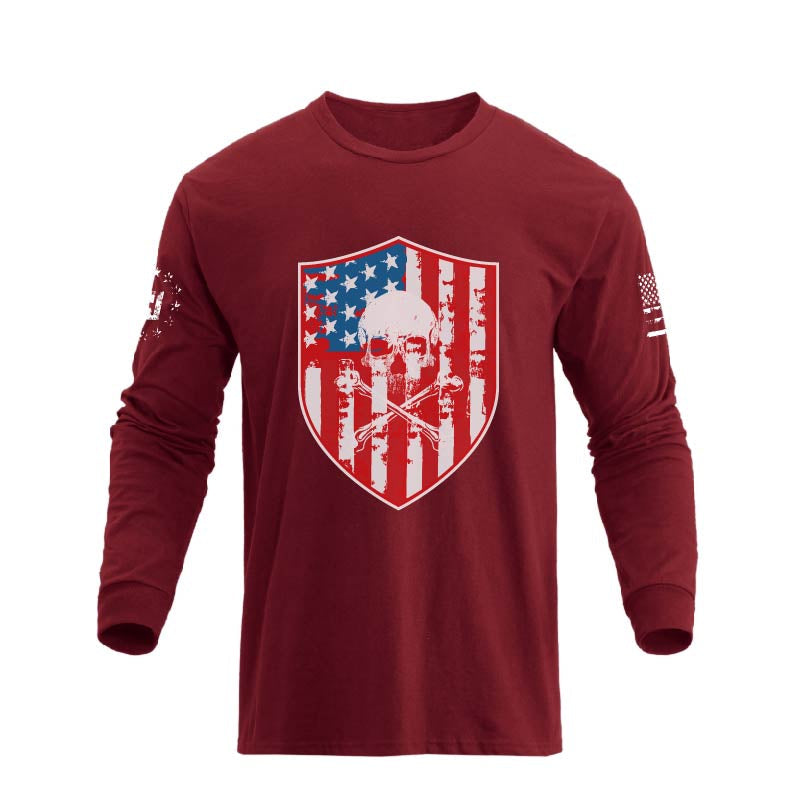 Men's American Flag Shield with Skull Long Sleeve Graphic T-Shirt