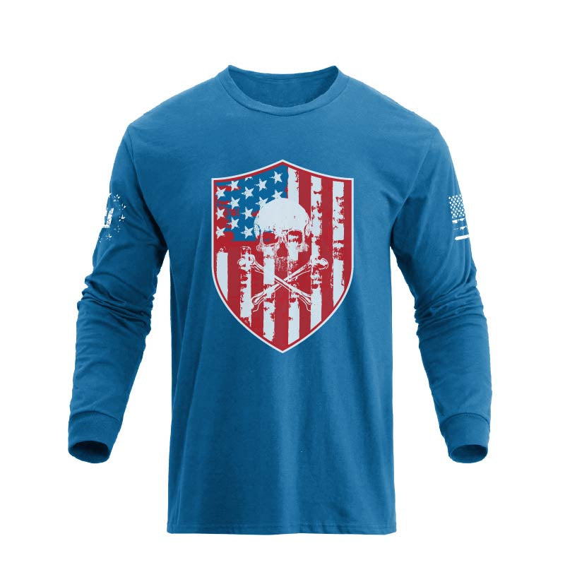 Men's American Flag Shield with Skull Long Sleeve Graphic T-Shirt