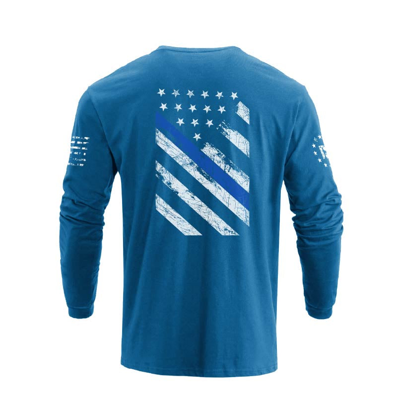 Men's 100% Cotton Blue Line American Flag Graphic Round Neck Long Sleeve T-Shirts