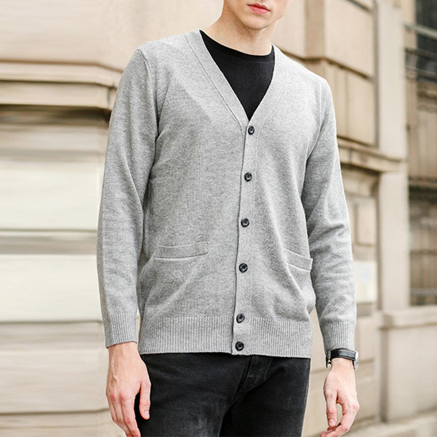 Men&#039;s Casual Knitted Cardigan Top Light Grey L