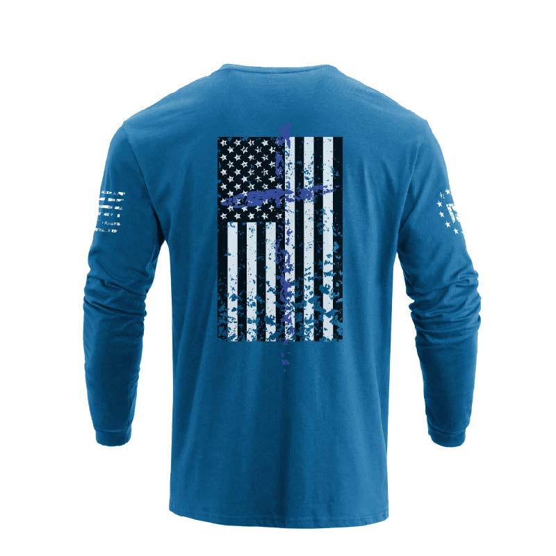 Men's 100% Cotton Patriotic American Flag Cross Graphic Midweight Long Sleeve T-shirts