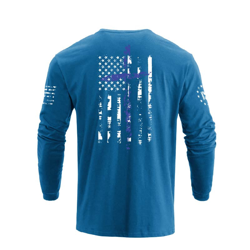 Men's 100% Cotton American Flag Cross Overlay Long Sleeve T-Shirt