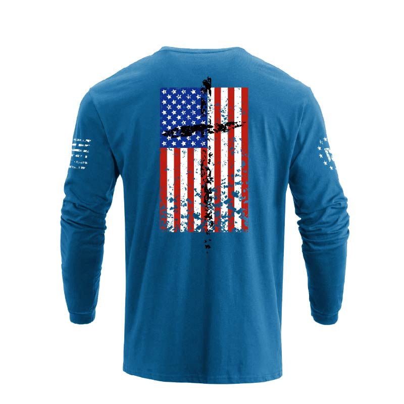 Men's 100% Cotton Patriotic American Flag Cross Graphic Midweight Long Sleeve T-shirts