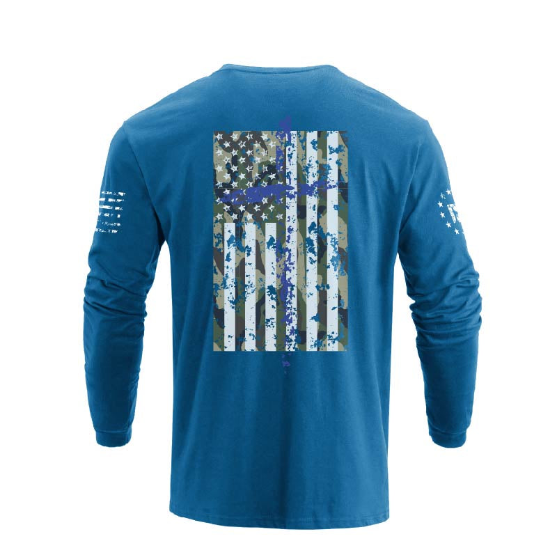 Men's 100% Cotton Patriotic American Flag Camouflage Cross Graphic Midweight Long Sleeve T-shirts