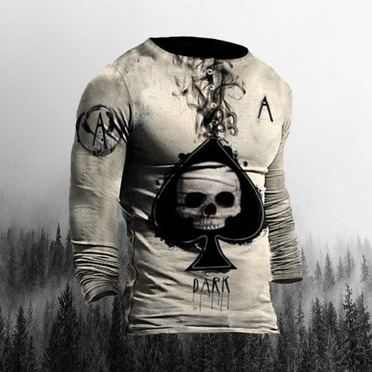 Mens Outdoor Comfortable Skull Poker Print Long-Sleeve