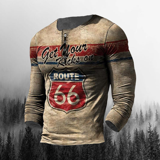 Men'S Outdoor Route 66 Print Long Sleeve V-Neck Shirt