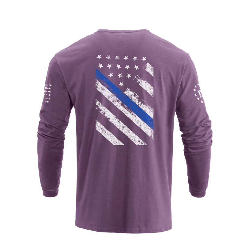 Men's 100% Cotton Blue Line American Flag Graphic Round Neck Long Sleeve T-Shirts