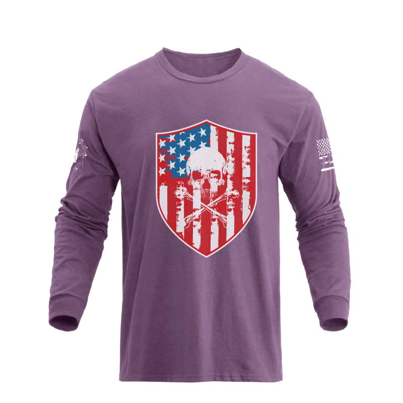 Men's American Flag Shield with Skull Long Sleeve Graphic T-Shirt