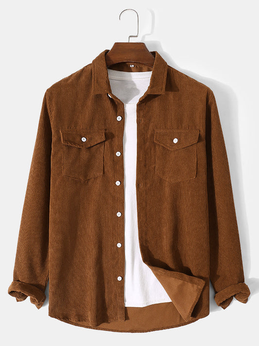 Mens Corduroy Solid Color Lapel Button Up Basics Long Sleeve Shirts