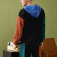 Mens Corduroy Color Block Stitching Half Zip Hoodie Two Pieces Outfits