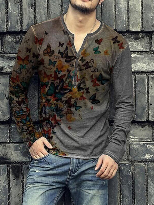 Men's Fashion Street Outfit Butterfly Printed Slim Henley Collar Long Sleeve T-shirts