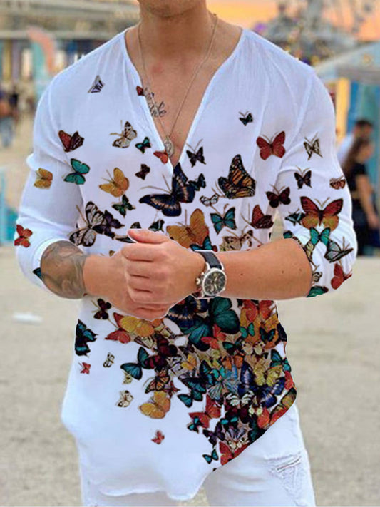 Pre-sale Men's casual style V-neck butterfly print T-shirt