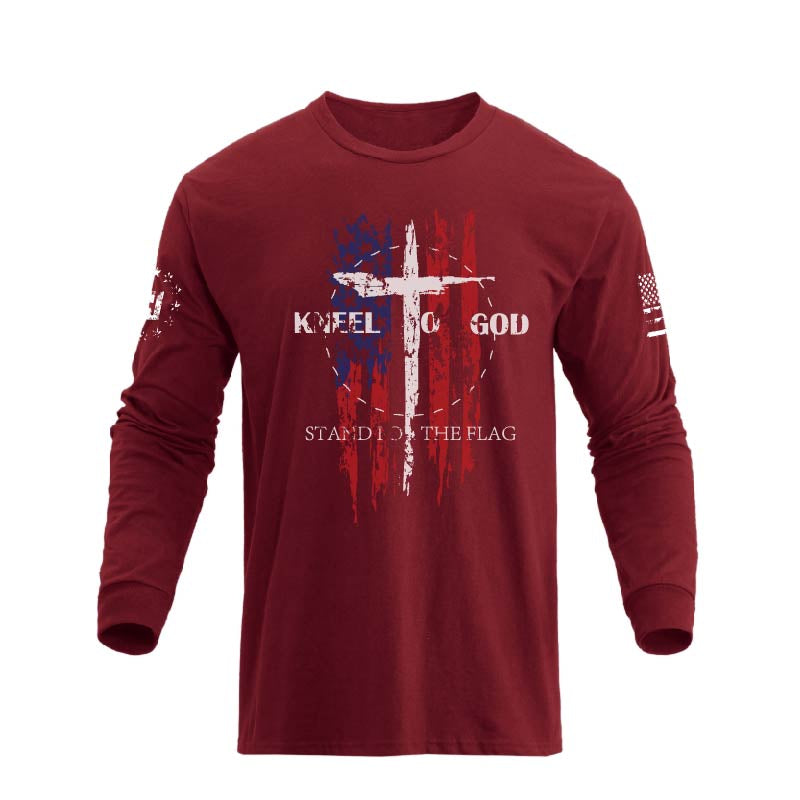 Men's 100% Cotton American Flag with Cross Graphic Round Neck Long Sleeve T-Shirts