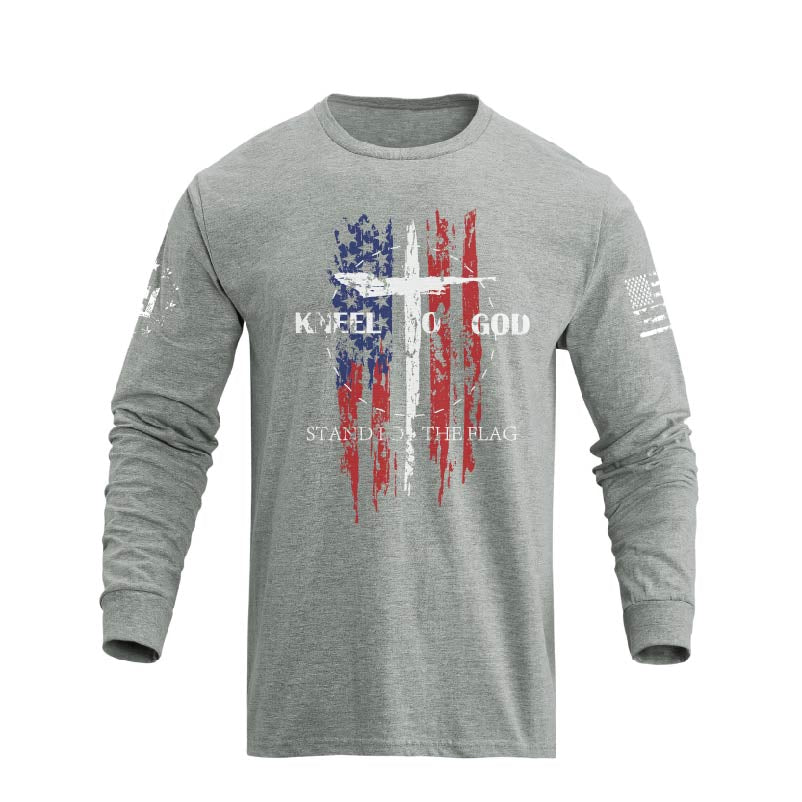 Men's 100% Cotton American Flag with Cross Graphic Round Neck Long Sleeve T-Shirts