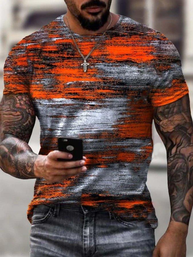 Mens Modern Orange And Grey Art Print Short Sleeve Crew Neck T-Shirt