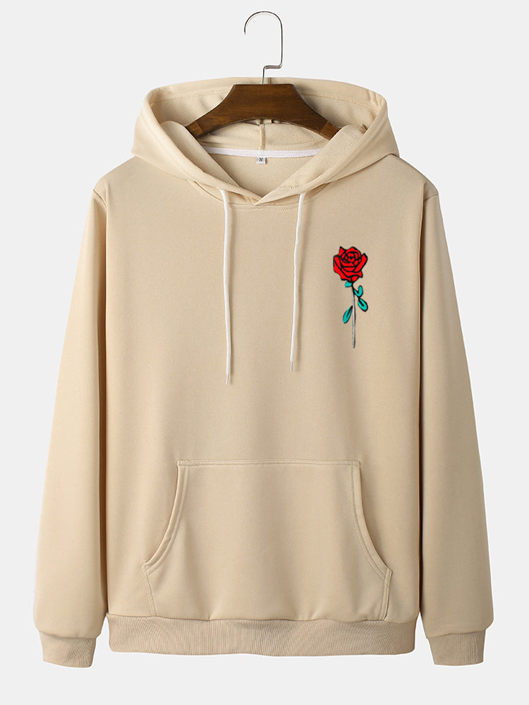 Mens Rose Print Kangaroo Pocket Cotton Casual Drawstring Overhead Hoodies