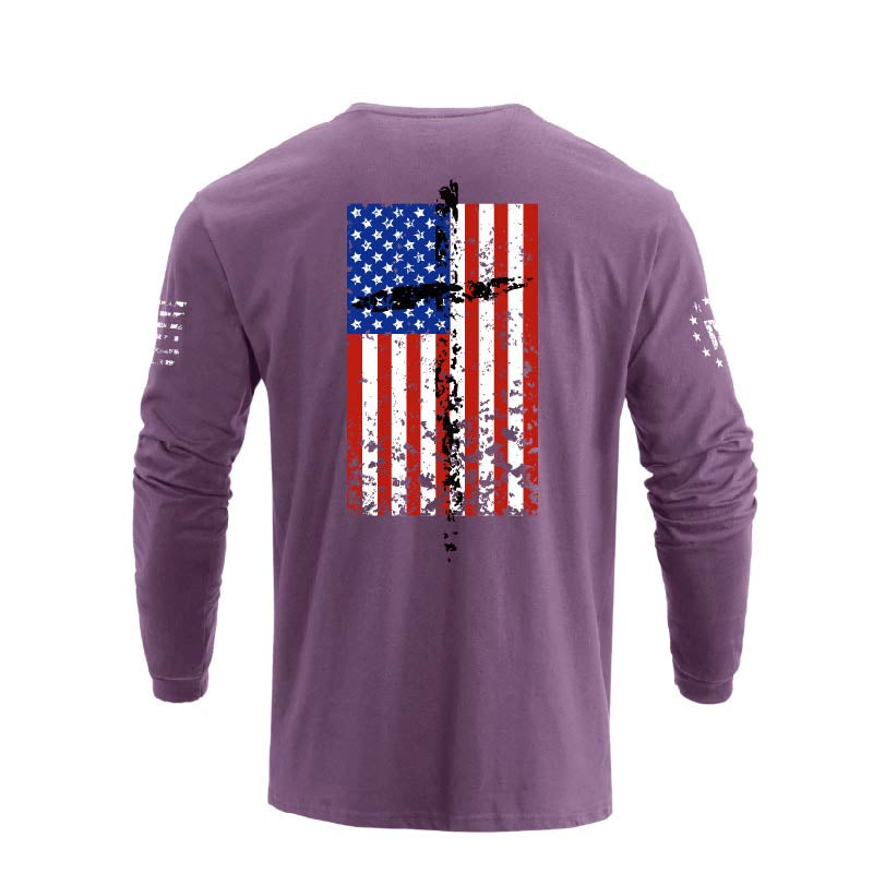 Men's 100% Cotton Patriotic American Flag Cross Graphic Midweight Long Sleeve T-shirts