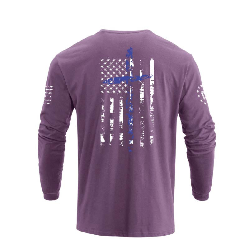 Men's 100% Cotton American Flag Cross Overlay Long Sleeve T-Shirts