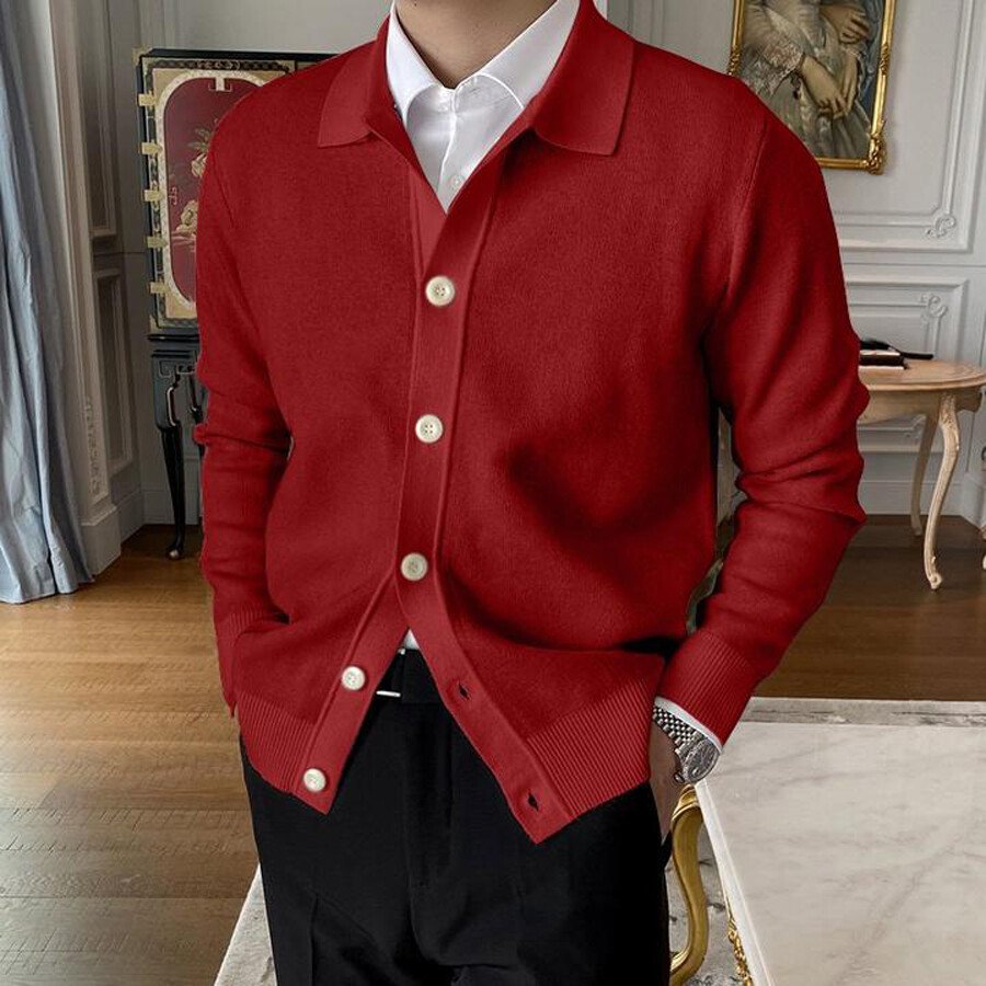 Men&#039;s Lapel Knitted Sweater Cardigan Red M