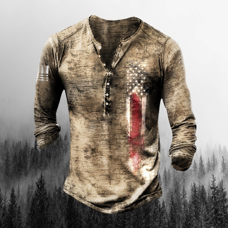 Mens Outdoor Vintage Long-sleeved Henley Shirt