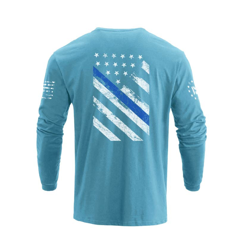 Men's 100% Cotton Blue Line American Flag Graphic Round Neck Long Sleeve T-Shirts