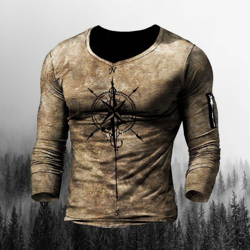 Men'S Outdoor Compass Print  V-Neck Long Sleeve Shirt