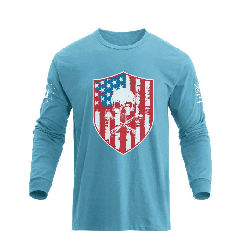 Men's American Flag Shield with Skull Long Sleeve Graphic T-Shirt