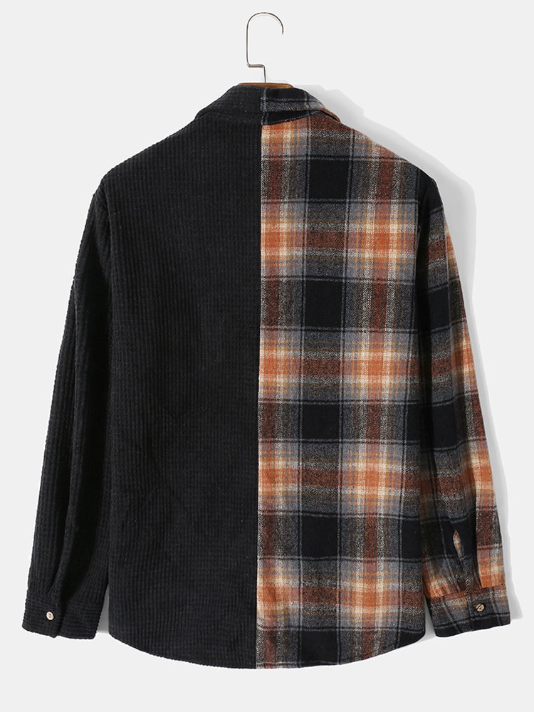 Mens Corduroy Plaid Stitching Button Up Casual Long Sleeve Shirts