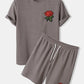 Mens Basic Knitted Rose Embroidery Patch Short Sleeve Casual Two Piece Outfits Cozy Loungewear