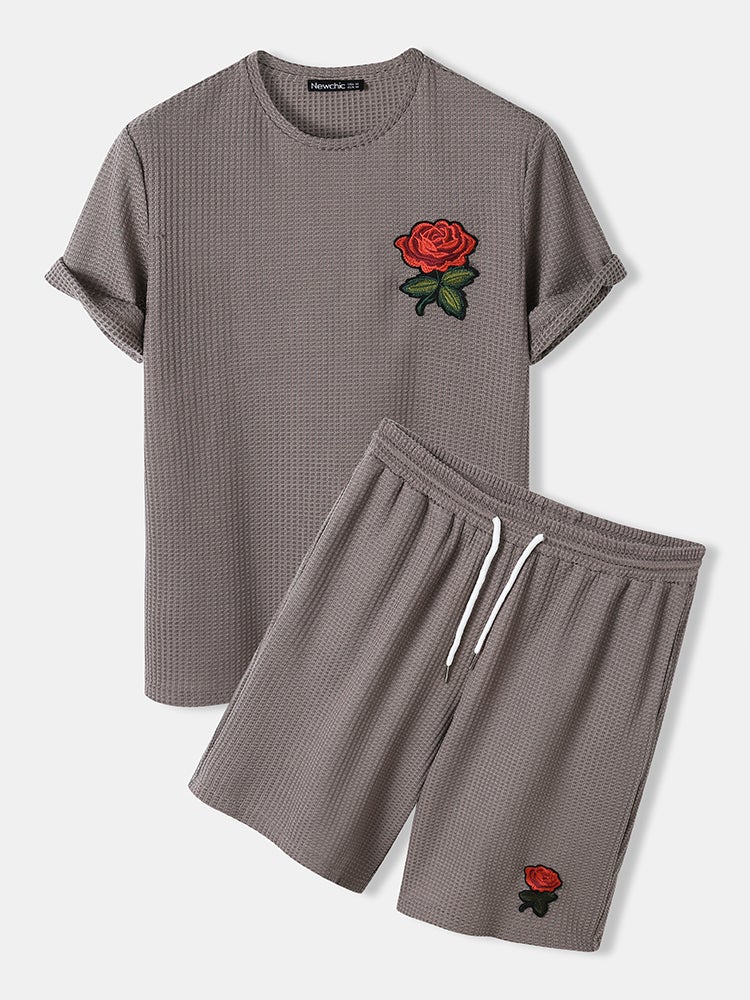 Mens Basic Knitted Rose Embroidery Patch Short Sleeve Casual Two Piece Outfits Cozy Loungewear