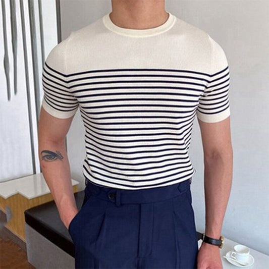 Men&#039;s Striped Round Neck Short Sleeve Knit T-shirt White S