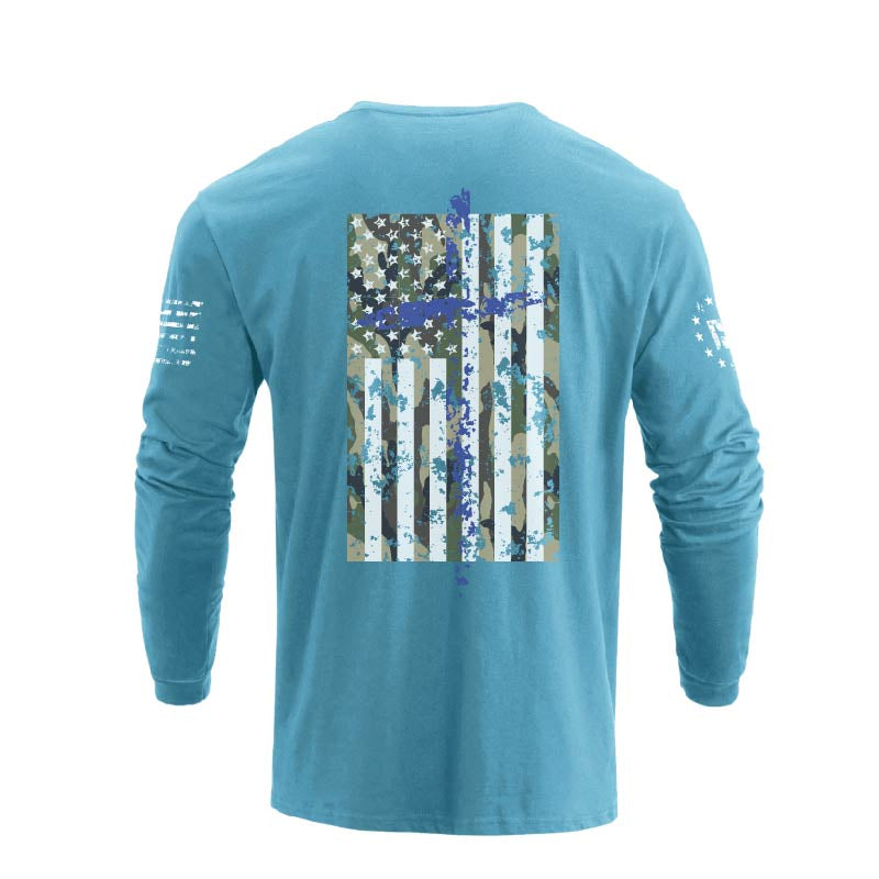 Men's 100% Cotton Patriotic American Flag Camouflage Cross Graphic Midweight Long Sleeve T-shirts