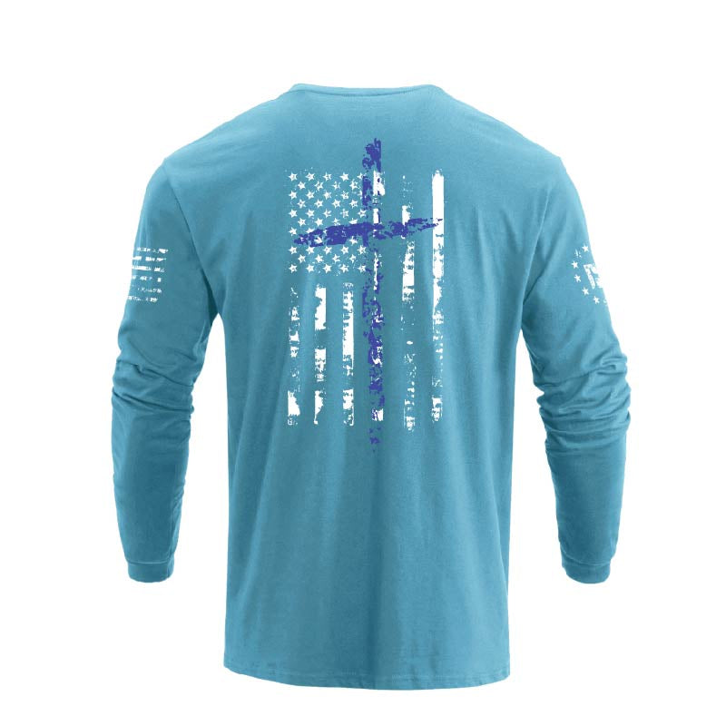 Men's 100% Cotton American Flag Cross Overlay Long Sleeve T-Shirts