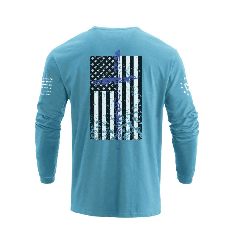 Men's 100% Cotton Patriotic American Flag Cross Graphic Midweight Long Sleeve T-shirts