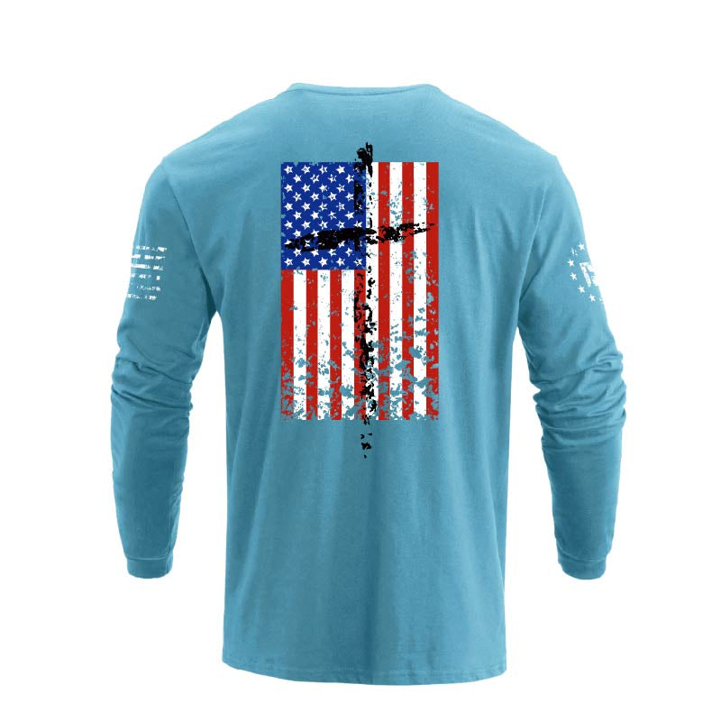 Men's 100% Cotton Patriotic American Flag Cross Graphic Midweight Long Sleeve T-shirts