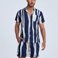 Mens Holiday Striped Chest Pocket Lapel Short Sleeve Drawstring Shorts Two Pieces Outfits