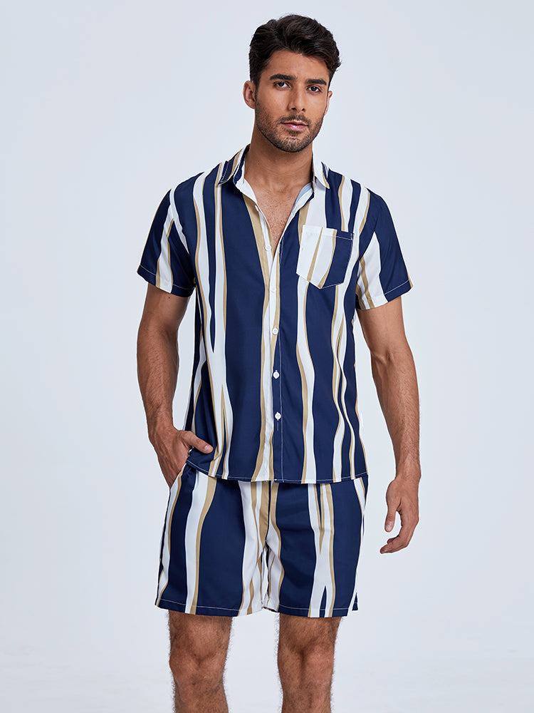 Mens Holiday Striped Chest Pocket Lapel Short Sleeve Drawstring Shorts Two Pieces Outfits