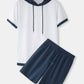 Preppy Style Two Tone Hooded Short Sleeve Drawstring Two Piece Outfits