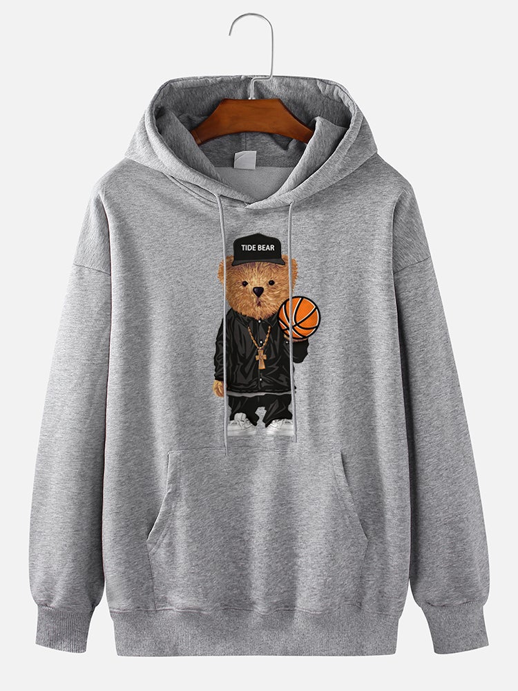 Mens 100% Cotton Cartoon Bear Print Kangaroo Pocket Hoodies