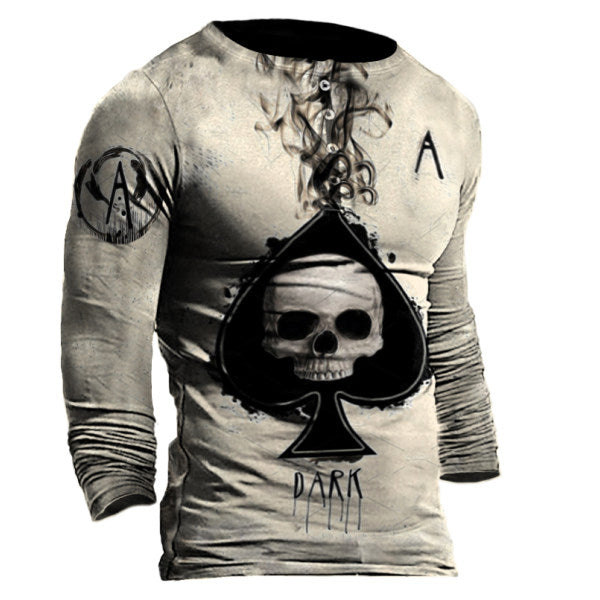 Mens Outdoor Comfortable Skull Poker Print Long-Sleeve