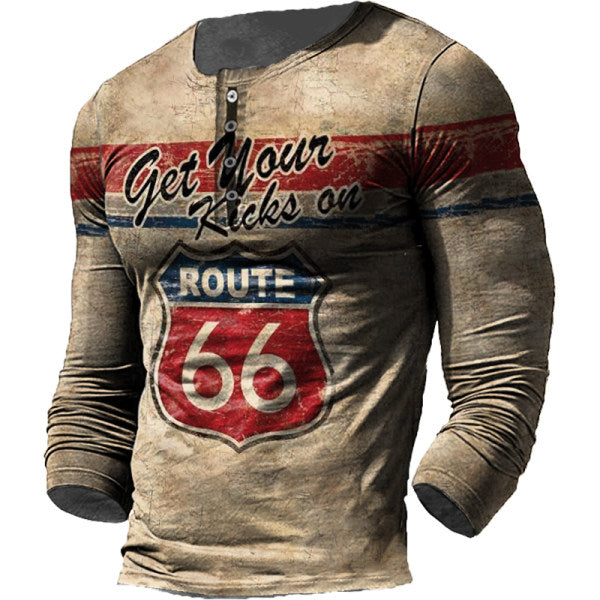 Men'S Outdoor Route 66 Print Long Sleeve V-Neck Shirt