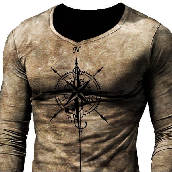 Men'S Outdoor Compass Print  V-Neck Long Sleeve Shirt