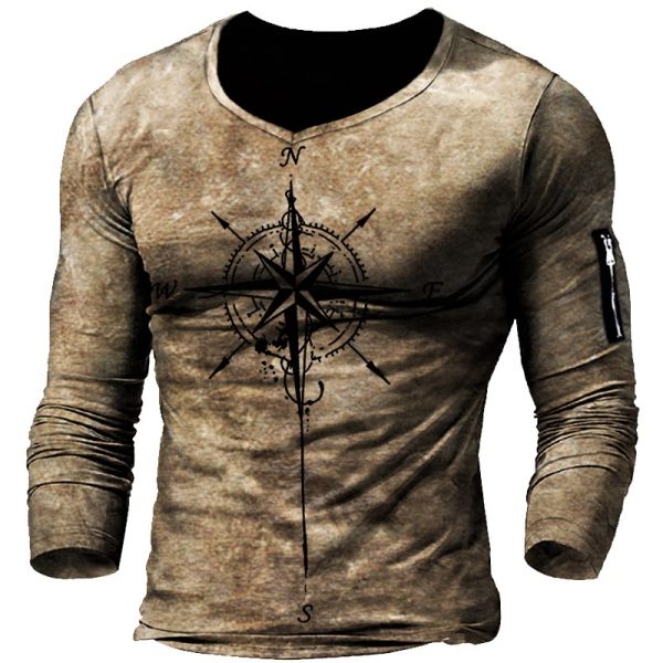 Men'S Outdoor Compass Print  V-Neck Long Sleeve Shirt