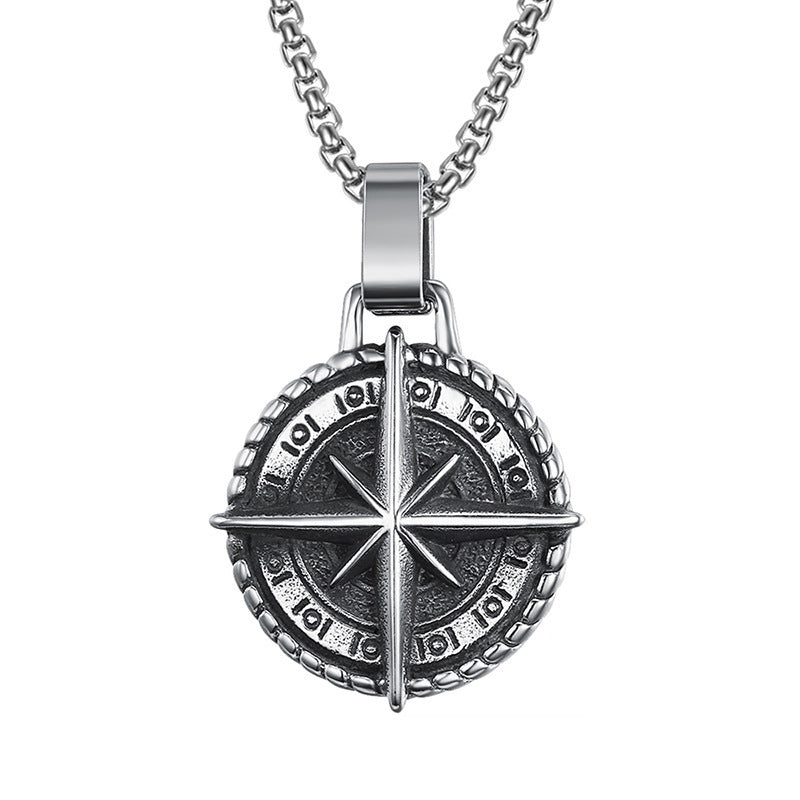 Men's Vintage Stainless Steel Cross Necklace Viking Ares Compass Pendant