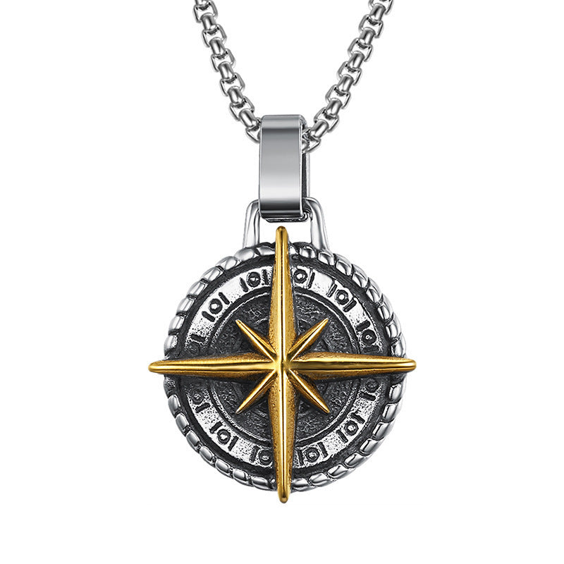 Men's Vintage Stainless Steel Cross Necklace Viking Ares Compass Pendant