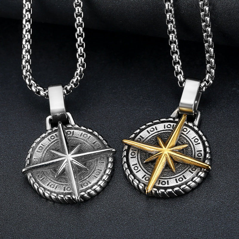 Men's Vintage Stainless Steel Cross Necklace Viking Ares Compass Pendant