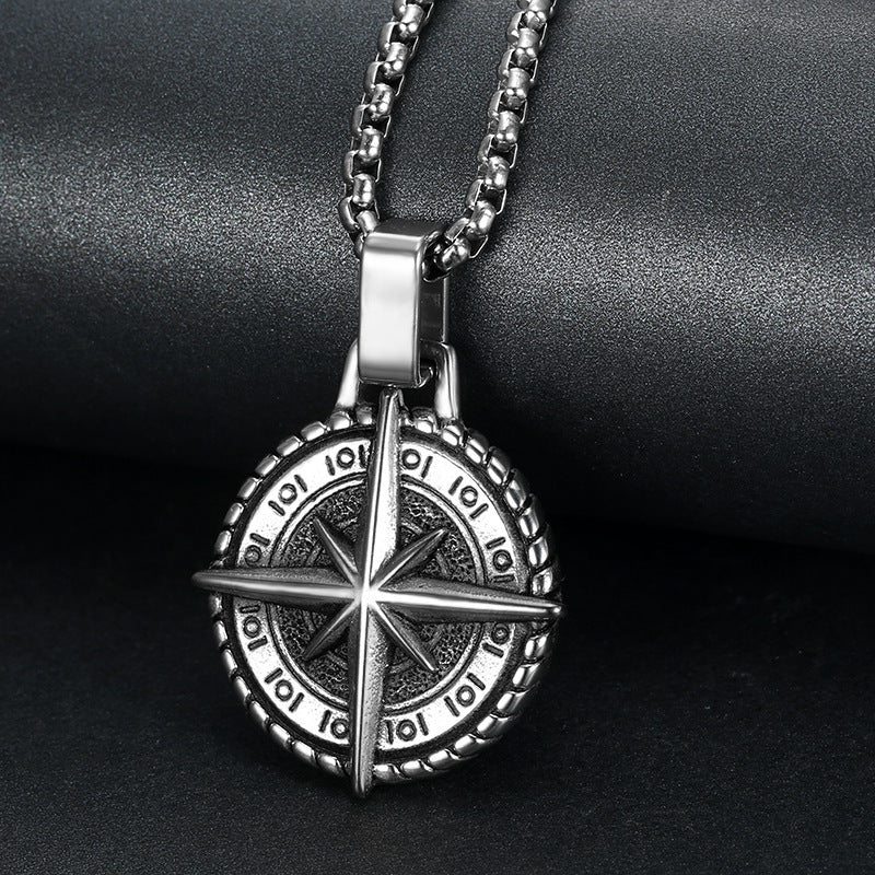 Men's Vintage Stainless Steel Cross Necklace Viking Ares Compass Pendant