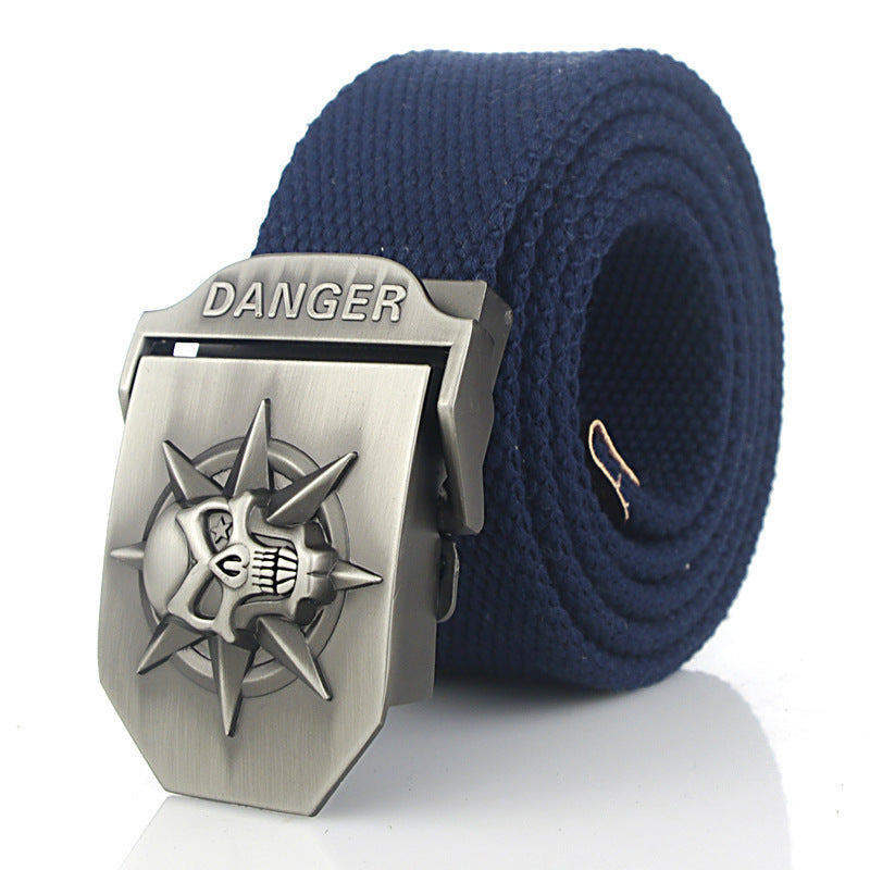 Men'S Skull Thicken Extended Canvas Training Belt Outdoor Sports Belt